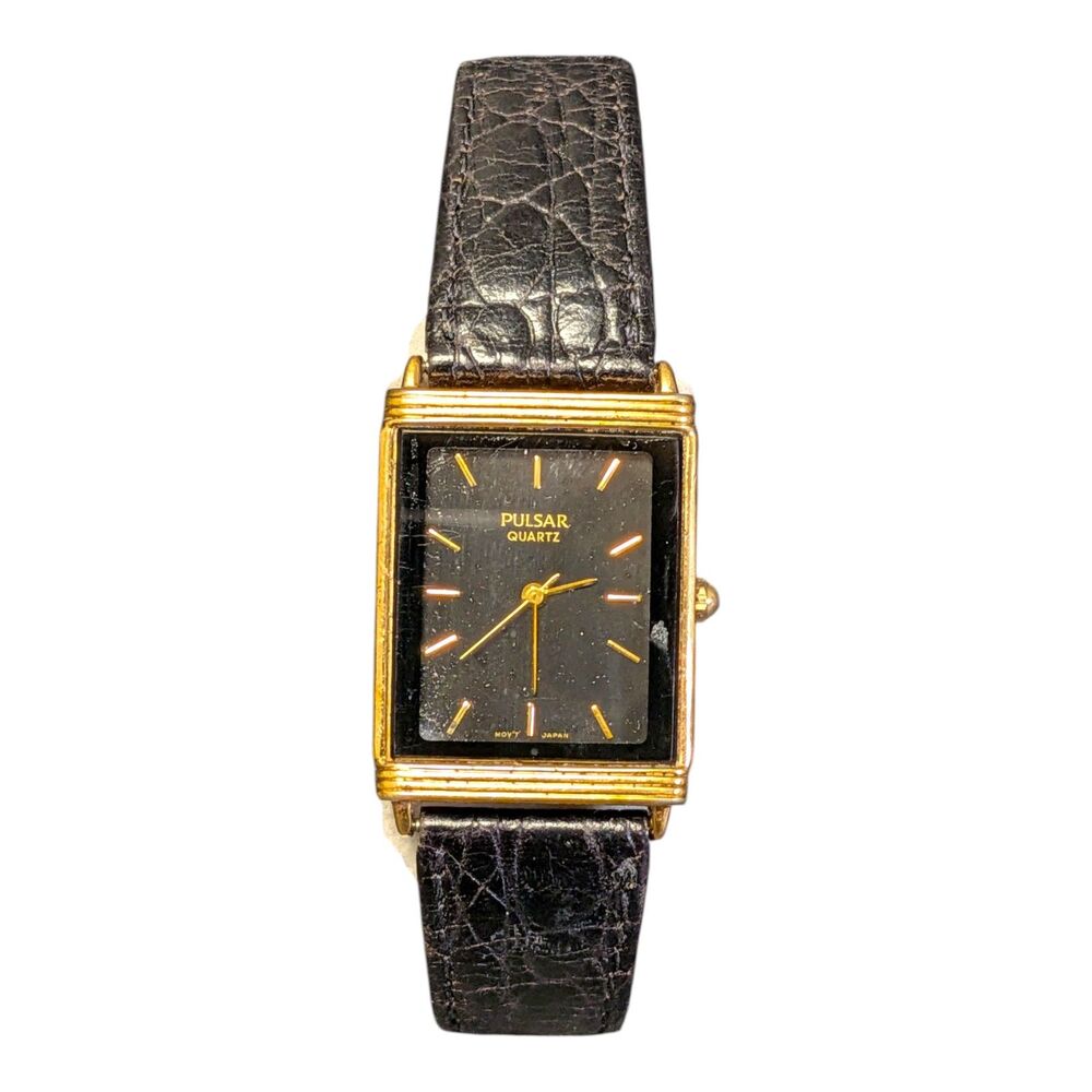 Vintage Mens Pulsar Tank Watch  Black Band V701-X042 New Battery Working